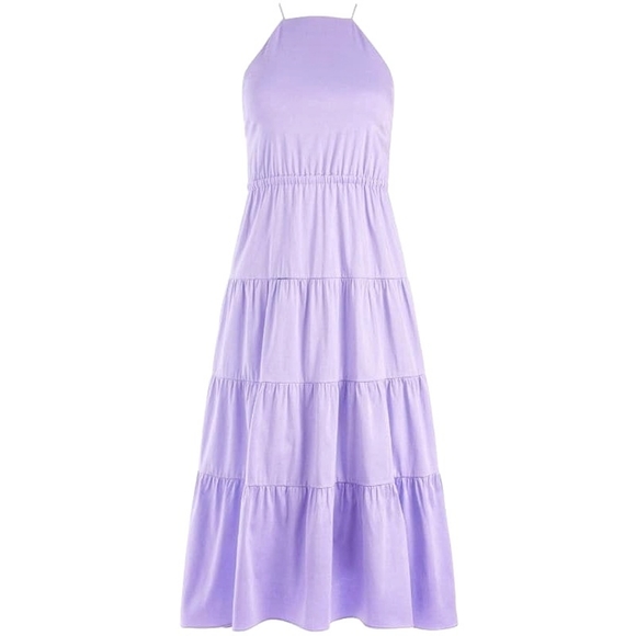 Alice & Olivia Hartley Bow Tie Open Back Tiered Lavender Halter Midi Dress - Picture 2 of 8